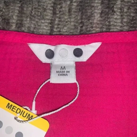 Three Dots Womens Medium Pullover Top Fushia Pink Short Sleeve Gauze Cotton NWT - Picture 2 of 7